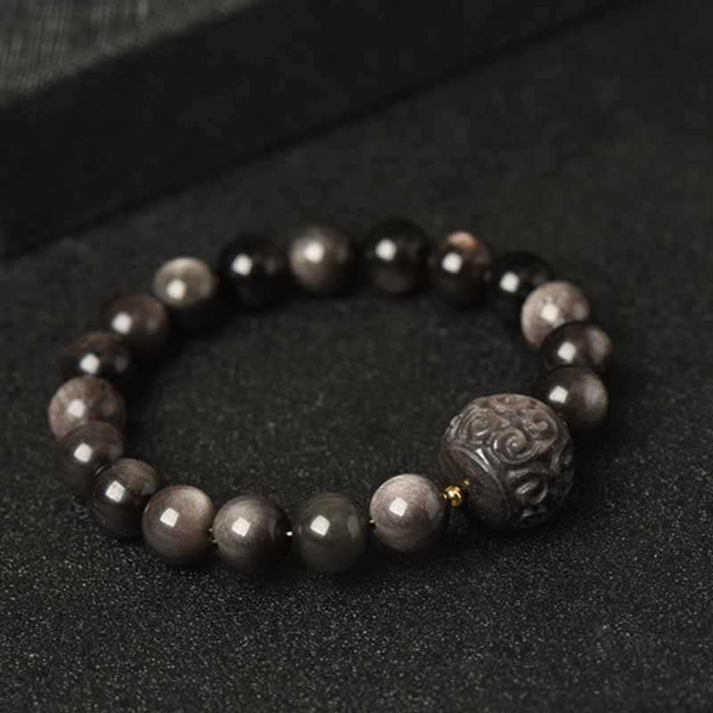 Silver Sheen Obsidian Lotus Flower Nine Tailed Fox Laughing mystic zen Protection Bracelet