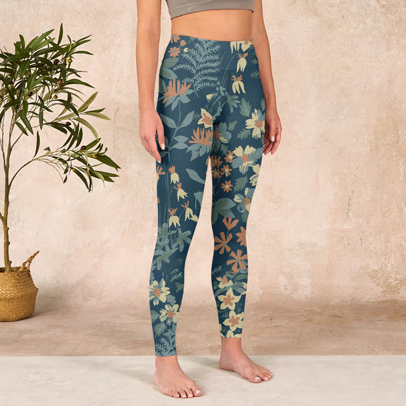 Casual Daisy Flowers Leaves Print Gym Fitness Leggings Women's Yoga Pants