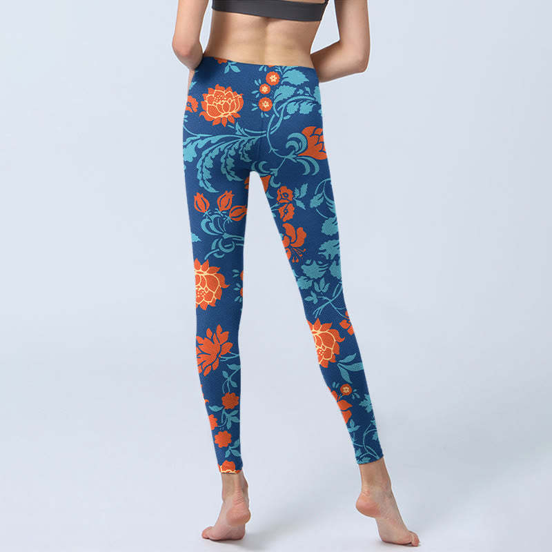 Steel Blue Red Tulips Flowers Leaves Print Gym Leggings Women's Yoga Pants