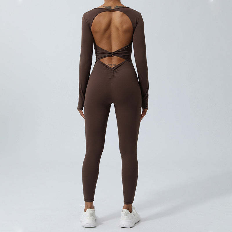 Women Long Sleeve Backless Jumpsuit Sports Fitness Yoga Bodysuit
