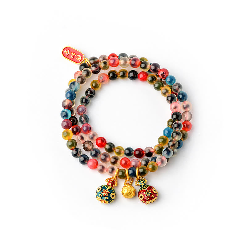 Colorful Candy Agate Gold Swallowing Beast Family Strength Charm Triple Wrap Bracelet