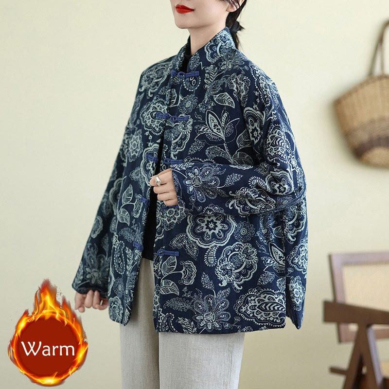 Winter Blue And White Flowers Warm Frog Button Design Long Sleeve Cotton Jacket