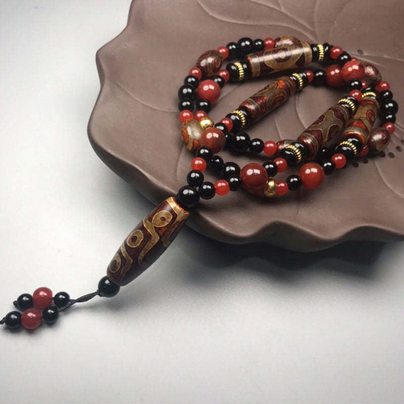 Nine-Eye Dzi Bead Red Agate Wealth Health Necklace