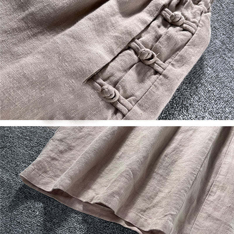 Casual Cotton Frog-Button High Waist Wide Leg Pants With Pockets