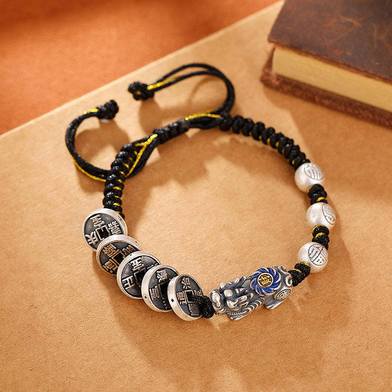 999 Sterling Silver FengShui PiXiu Copper Coin Fu Character Wealth Braided Bracelet