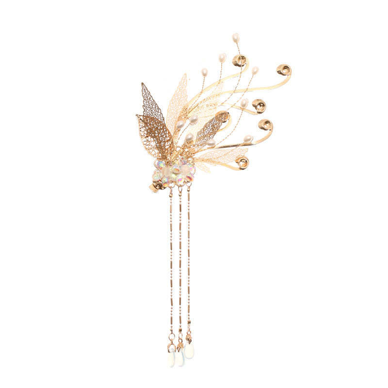 Traditional Chinese Golden Leaf Flower Tassel Hair Clip