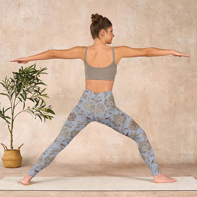 Grey Green Leaves Flowers Print Gym Leggings Women's Yoga Pants