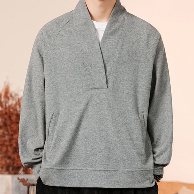 Fall Simple V-Neck Men's Sweatshirt Cotton Pullover With Pockets