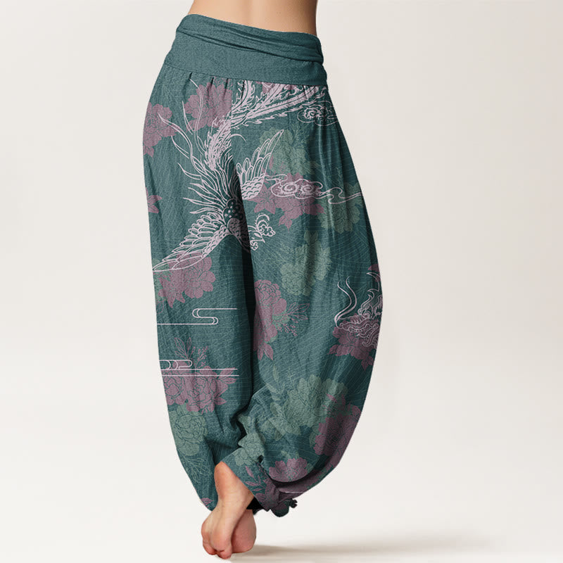 Dragons Roses Auspicious Clouds Phoenix Women's Elastic Waist Harem Pants