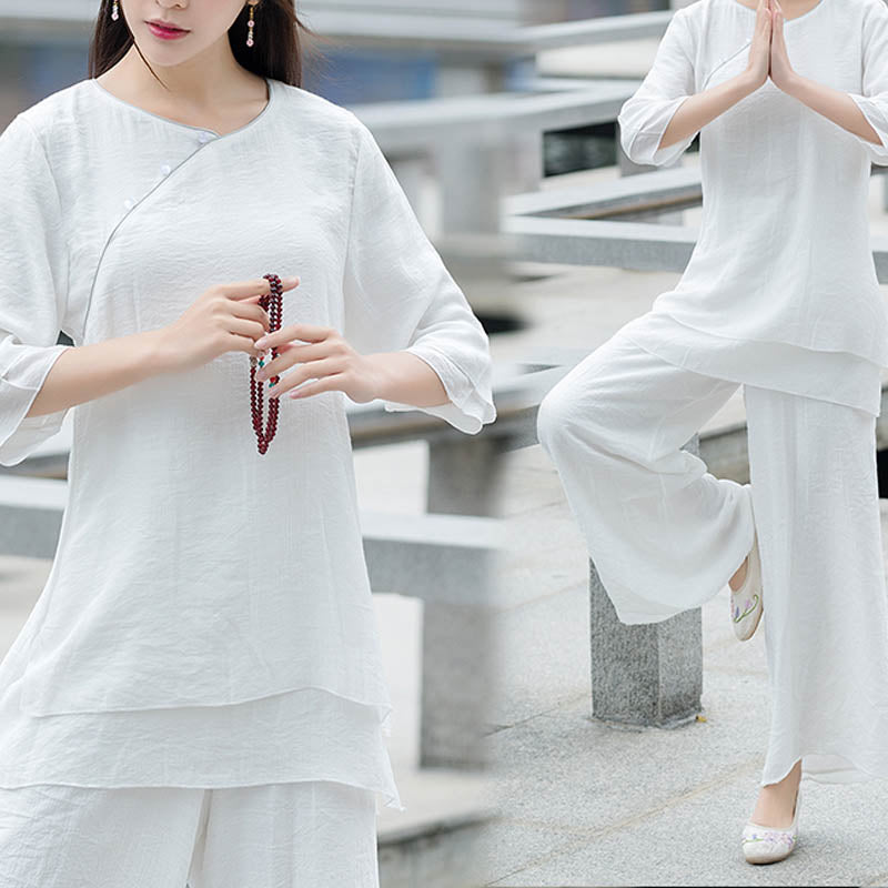 2Pcs Simple Design White Top Pants Meditation Yoga Zen Tai Chi Cotton Linen Clothing Women's Set