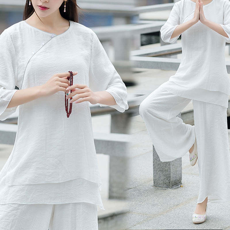 2Pcs Simple Design White Top Pants Meditation Yoga Zen Tai Chi Cotton Linen Clothing Women's Set