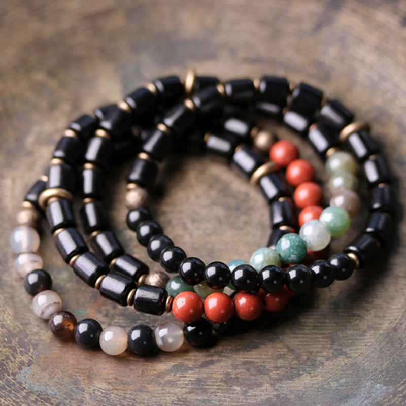 Ebony Wood Red Jasper Moss Agate Crystal Copper Peace Couple Bracelet