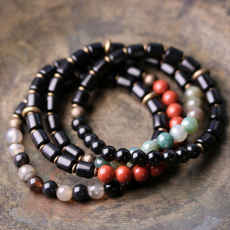 Ebony Wood Red Jasper Moss Agate Crystal Copper Peace Couple Bracelet