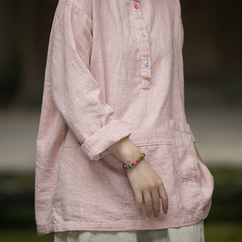 Solid Color Long Sleeve Ramie Linen Half Button Women's Shirt