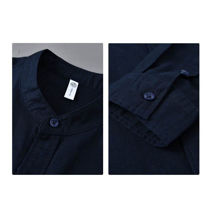 Men's Long Sleeve Stand Collar With Pocket Pure Color Casual Cotton Linen Shirt