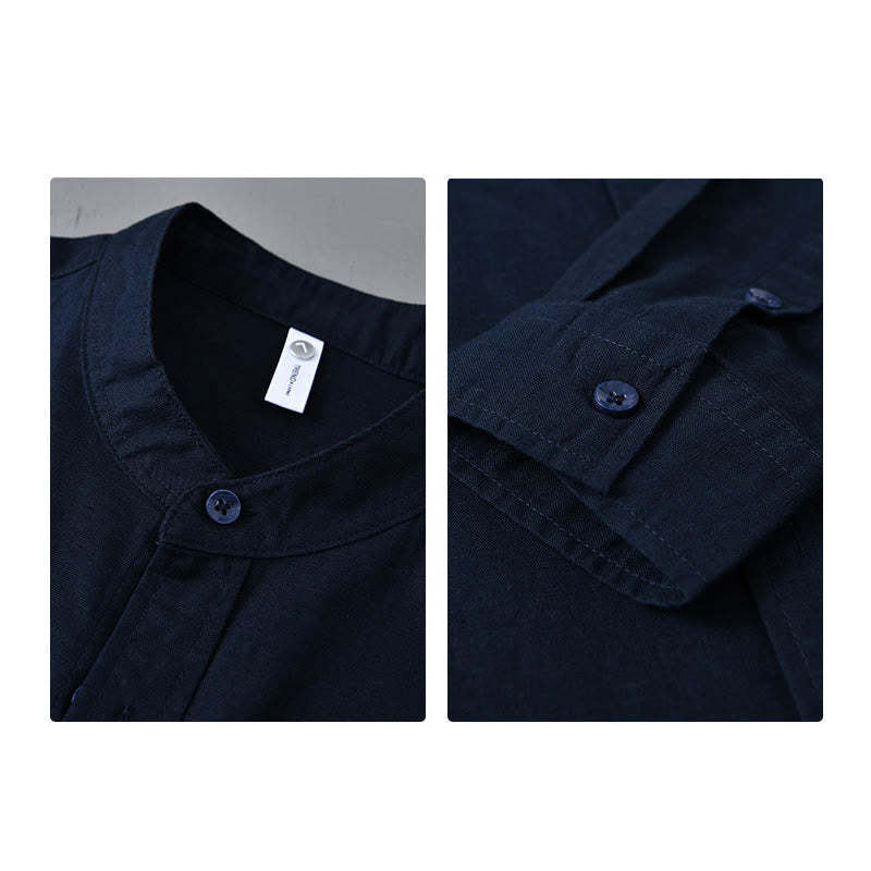 Men's Long Sleeve Stand Collar With Pocket Pure Color Casual Cotton Linen Shirt