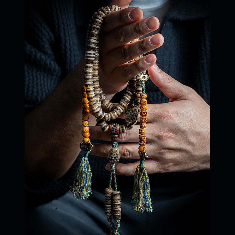 Tibetan 108 Mala Beads Yak Bone Dzi Bead The Lord of the Corpse Forest Strength Bracelet