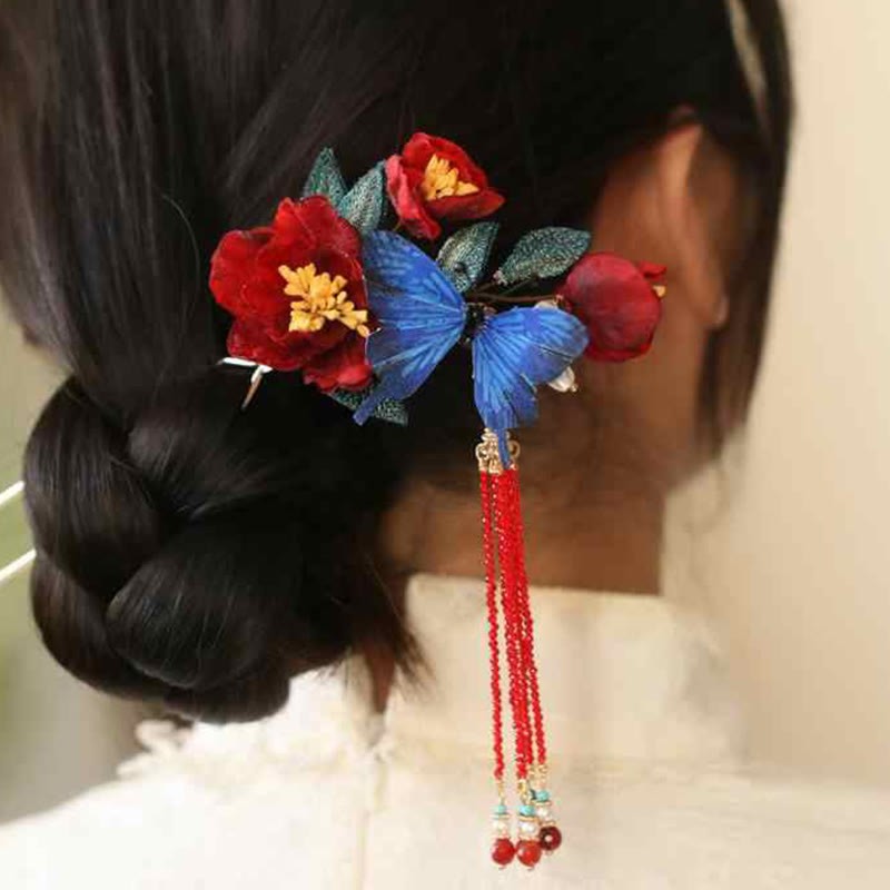 Classical Chinese Style Red Flower Blue Butterfly Hairpin
