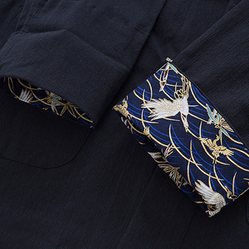 Men's Frog-Button Tang Suit Cotton White Crane Embroidery Jacket Shirt With Pockets