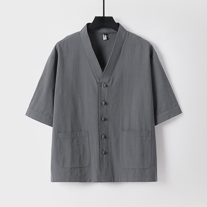 Casual Plain Color Three Quarter Sleeve Front Button Cotton Linen Men's Shirt With Pockets