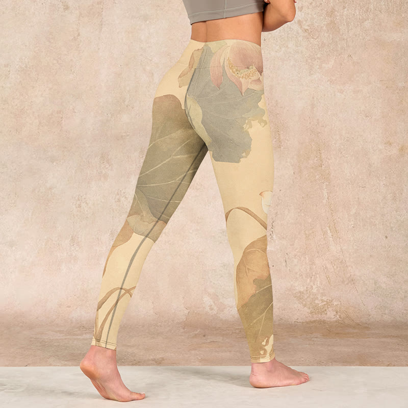 Lotus Flowers Leaves Print Gym Leggings Women's Yoga Pants