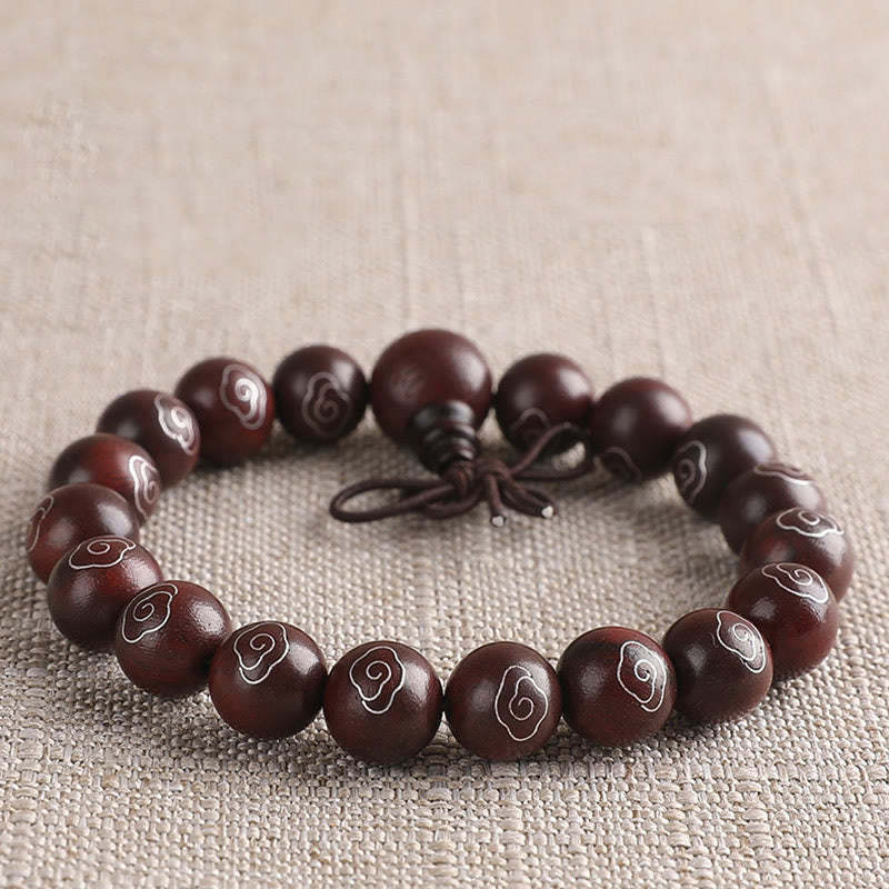 925 Sterling Silver Inlaid Small Leaf Red Sandalwood Om Mani Padme Hum Character Auspicious Clouds Protection Bracelet