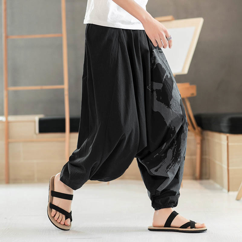 Simple Summer Calligraphy Cotton Men's Harem Pants With Pockets