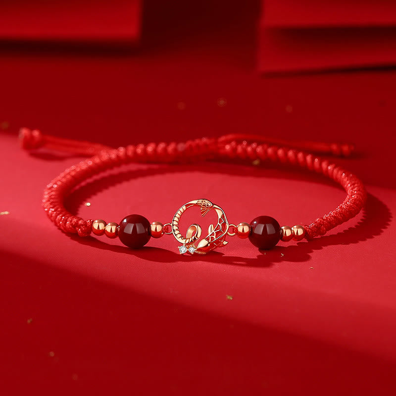 925 Sterling Silver Hetian Jade Cinnabar Koi Fish Year Of Snake Red String Protection Braided Bracelet
