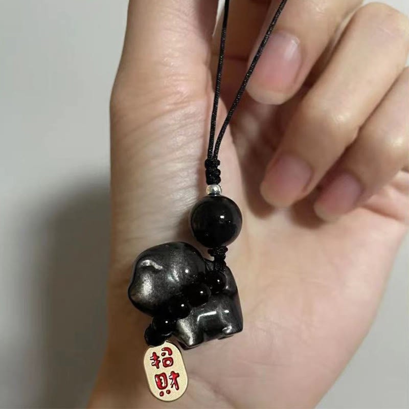 mystic zen Stone Silver Sheen Obsidian Puppy Dog Fu Character Protection Necklace Phone Hanging Decoration