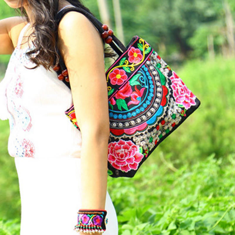 Money Tree Peony Phoenix Apple Blossom Double-Sided Embroidery Cotton Canvas Shopping Purse Handbag