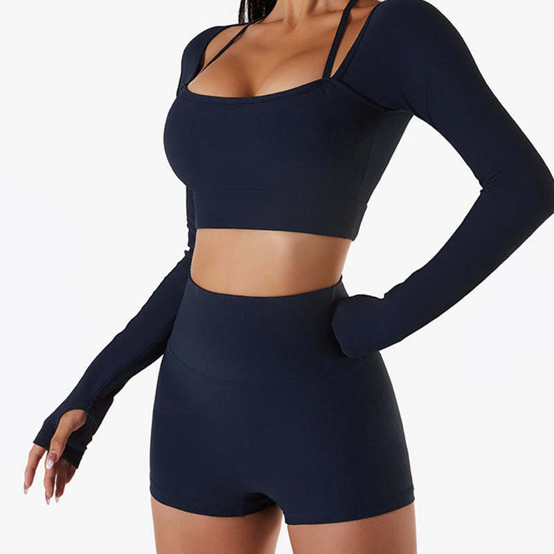 Ribbed Long Sleeve Crop Top T-shirt Shorts Sports Fitness Gym Yoga Outfits
