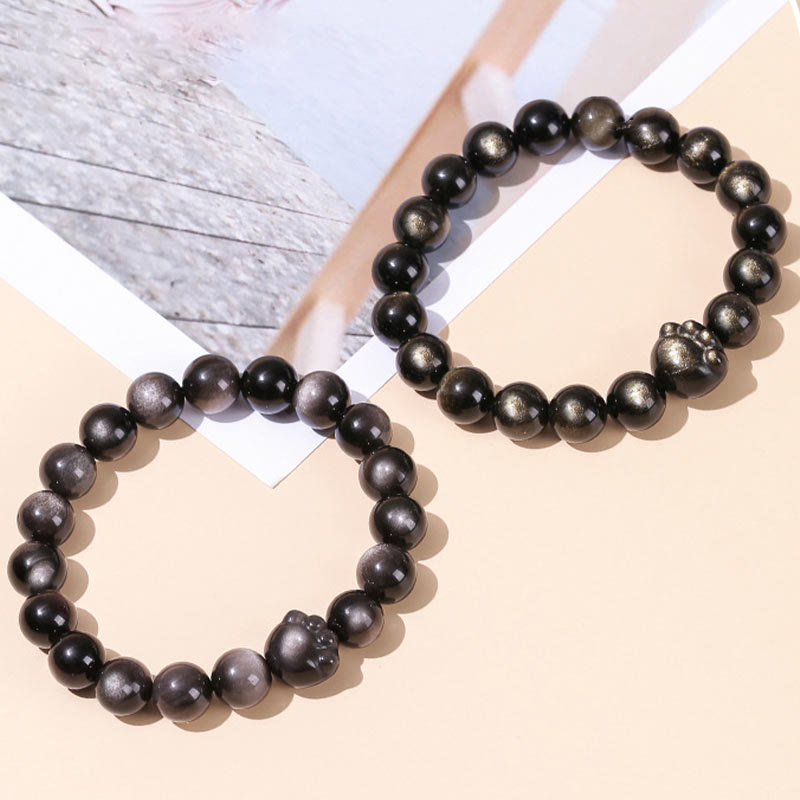 Natural Gold Sheen Obsidian Silver Sheen Obsidian Cute Cat Paw Claw Wealth Bracelet