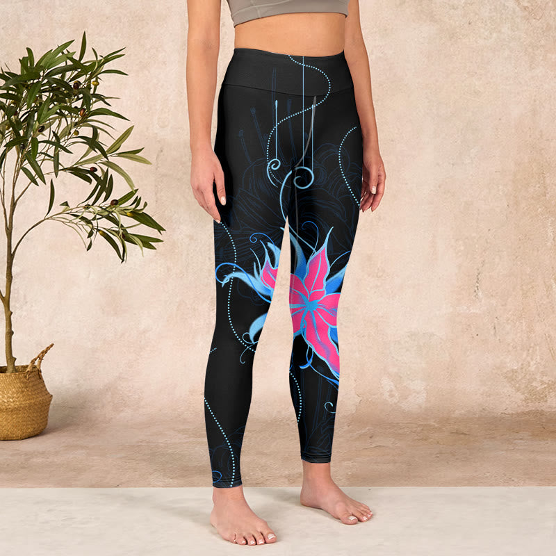 Black Pink Blue Flowers Print Fitness Leggings Women's Yoga Pants
