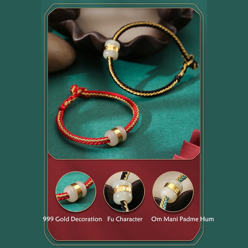 999 Gold Hetian White Jade Om Mani Padme Hum Fu Character Luck Braided Bracelet
