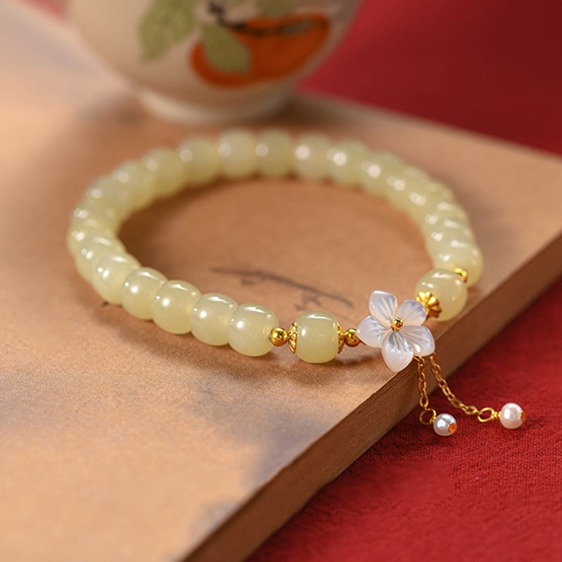 925 Sterling Silver Natural Hetian Jade Luck Flower Bracelet