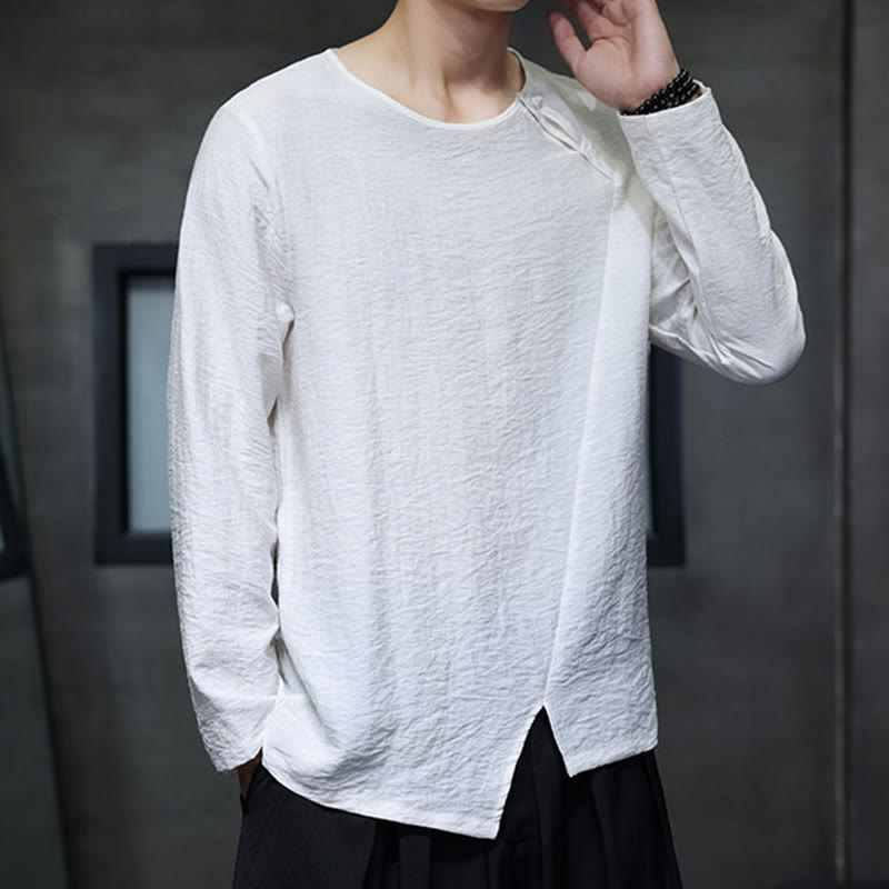 Solid Color Loose Long Sleeve Round Neck Cotton Men's Shirts