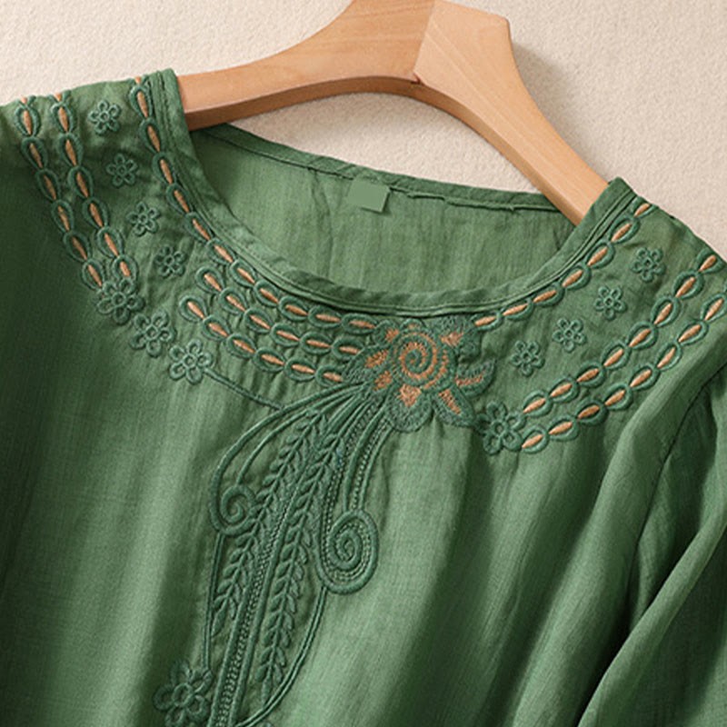 Artistic Plain Floral Embroidered Design Crew Neck Puff Half Sleeve Cotton Linen Women's T-Shirt