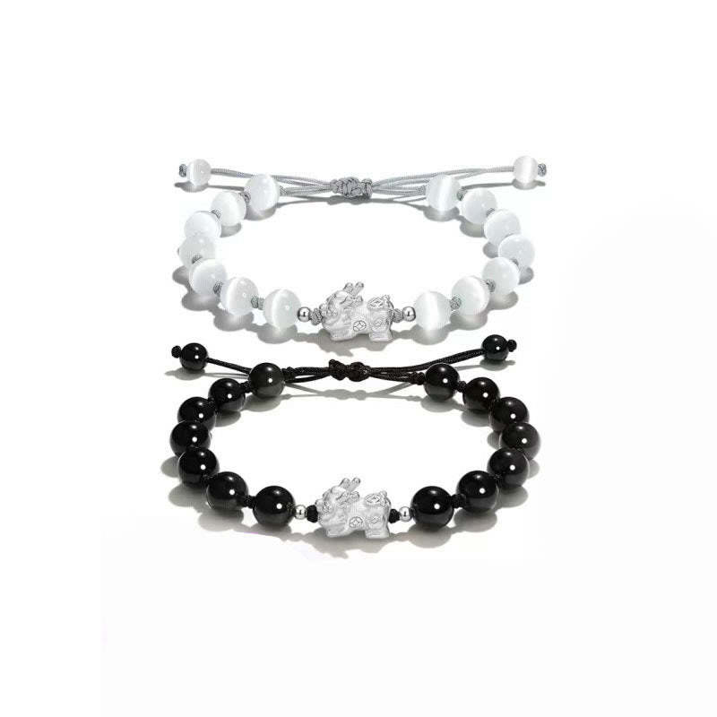 Natural Black Obsidian Cat's Eye Pink Crystal PiXiu Strength Bracelet