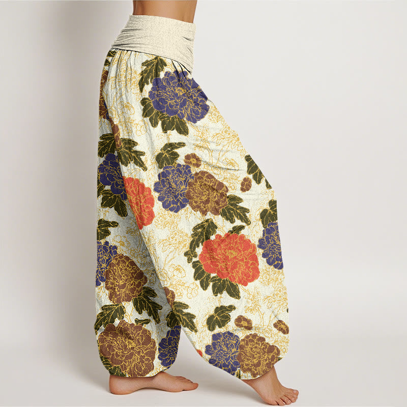 Peony Flowers Leaves Design Women's Elastic Waist Harem Pants