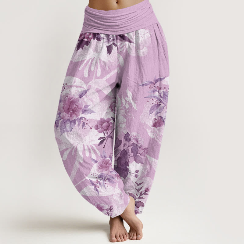 Flowers White Leaves Women's Elastic Waist Harem Pants