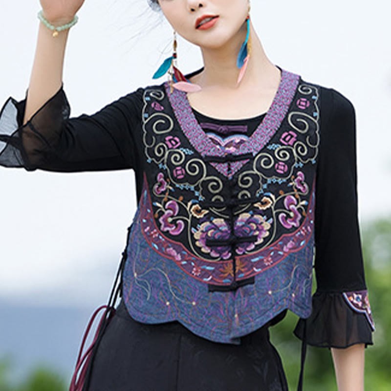 Vintage Frog-Button Embroidery Purple Flower Tang Suit Design Sleeveless Vest