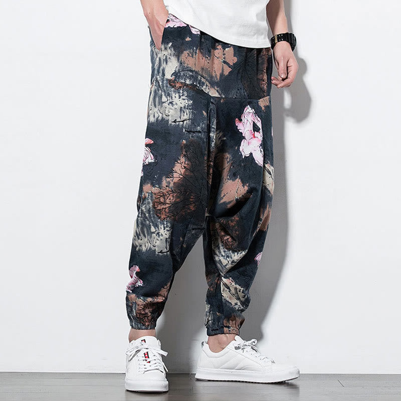 Pink Lotus Ink Painting Print Cotton Men's Long Cropped Harem Pants With Pockets