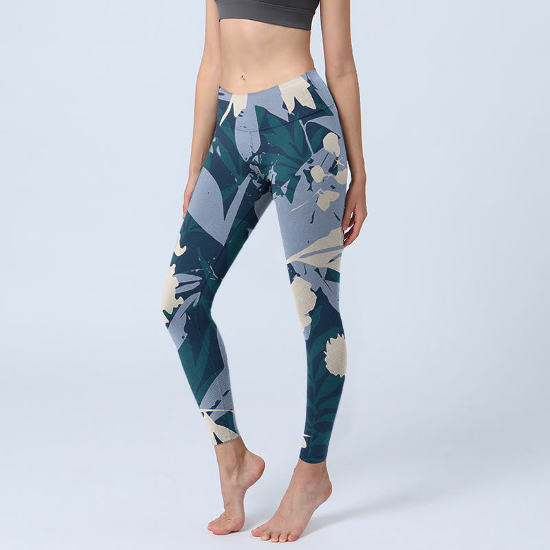 Blue Plant Leaves Print Gym Leggings Women's Yoga Pants