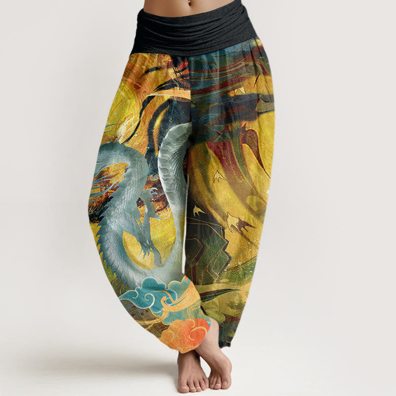 Dragon Auspicious Clouds Pattern Women's Elastic Waist Harem Pants