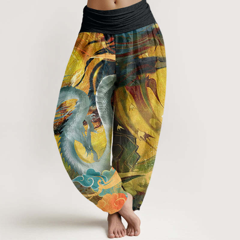 Dragon Auspicious Clouds Pattern Women's Elastic Waist Harem Pants