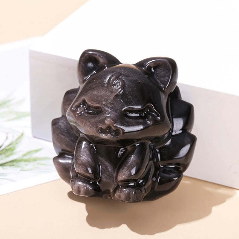Natural Silver Sheen Obsidian Nine-Tailed Fox Protection Home Decoration