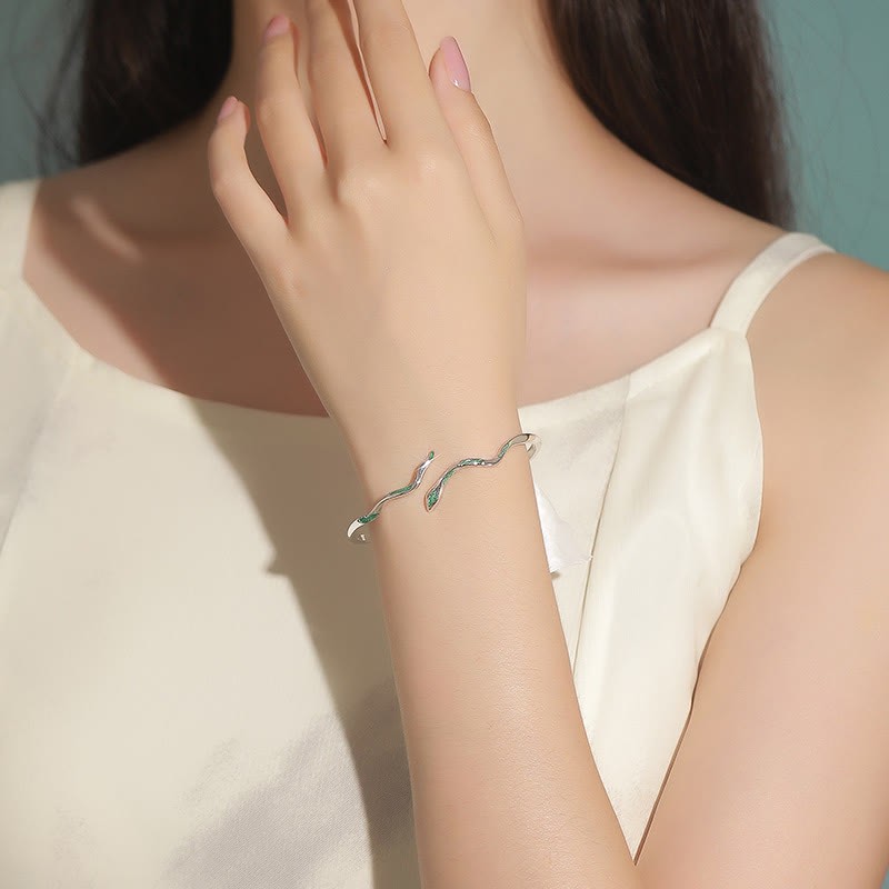925 Sterling Silver Green Snake Enamel Craft Year Of The Snake Calm Cuff Bracelet Bangle
