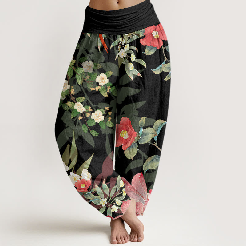 Vibrant Blooming Lotus Flower Lush Branches Women's Elastic Waist Harem Pants