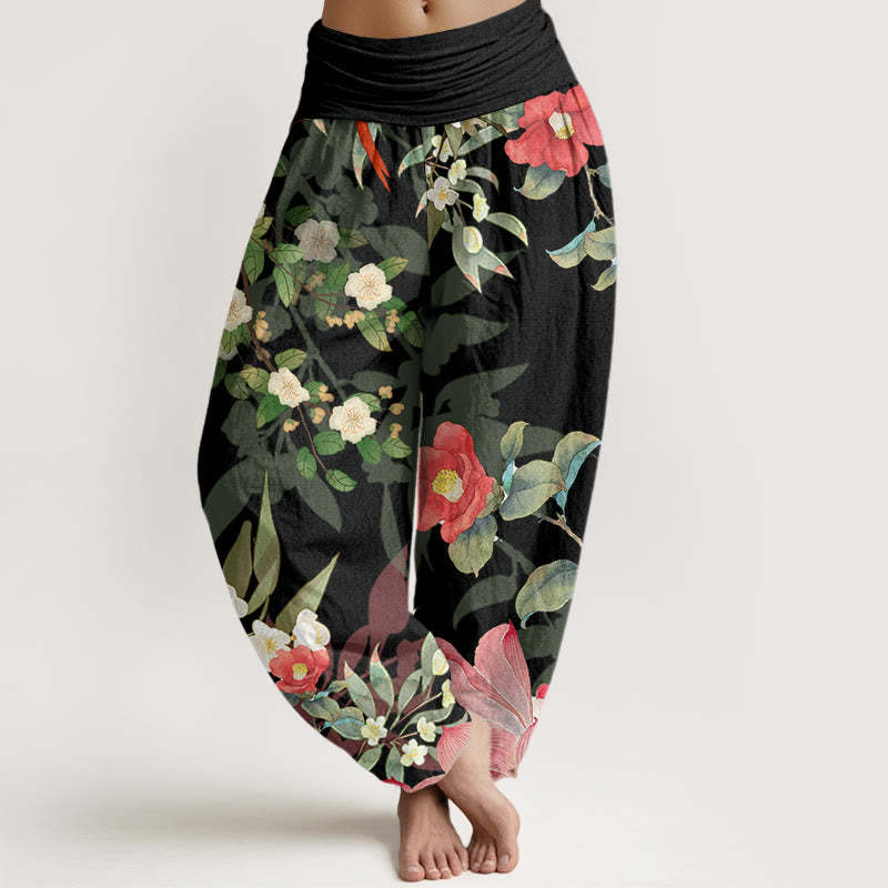 Vibrant Blooming Lotus Flower Lush Branches Women's Elastic Waist Harem Pants