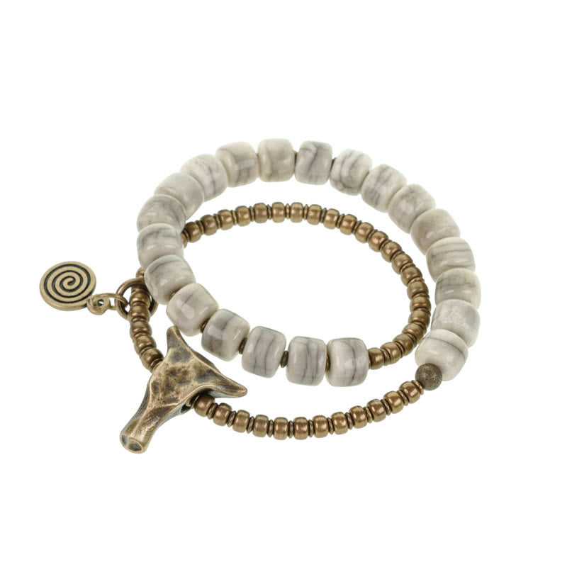 White Yak Bone Copper Yak Head Double Wrap Balance Bracelet